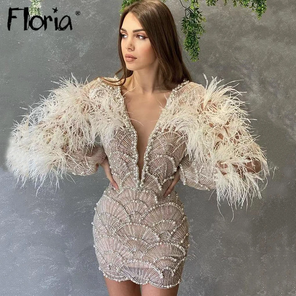 

Floria Light Champagne Luxury Feather Cocktail Dress Mini Prom Pageant Drsses For Party Women Mermaid Pearls Short Evening Dress