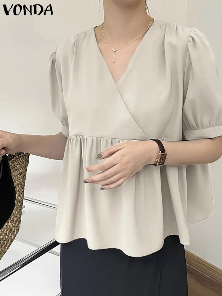 

VONDA Women Ruffled Tunic Tops Summer Blouses 2023 Sexy V-Neck Short Sleeve Solid Color Blusas Femininas Casual Loose Shirts