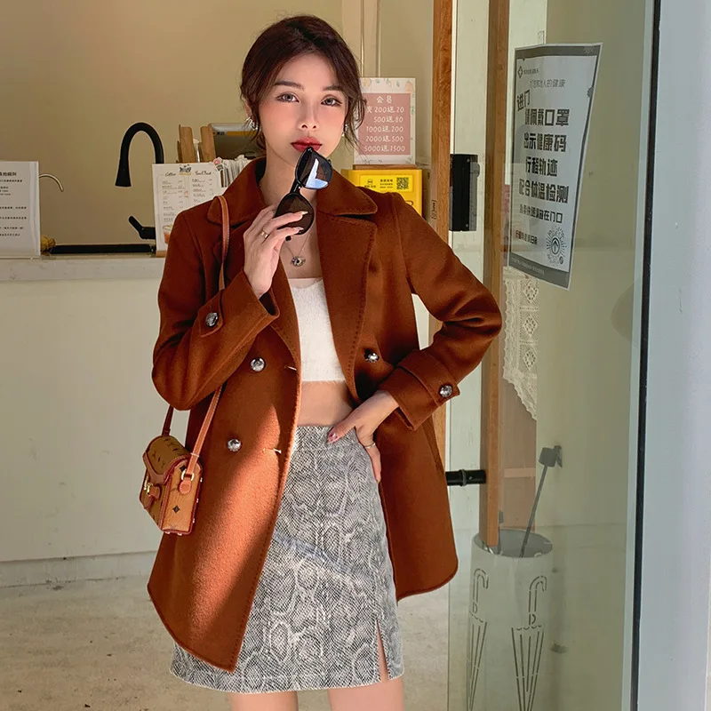 

2022 Wool blends coats Hand-made double-sided pure wool coat short m small new Korean version of relaxed cashmere coats