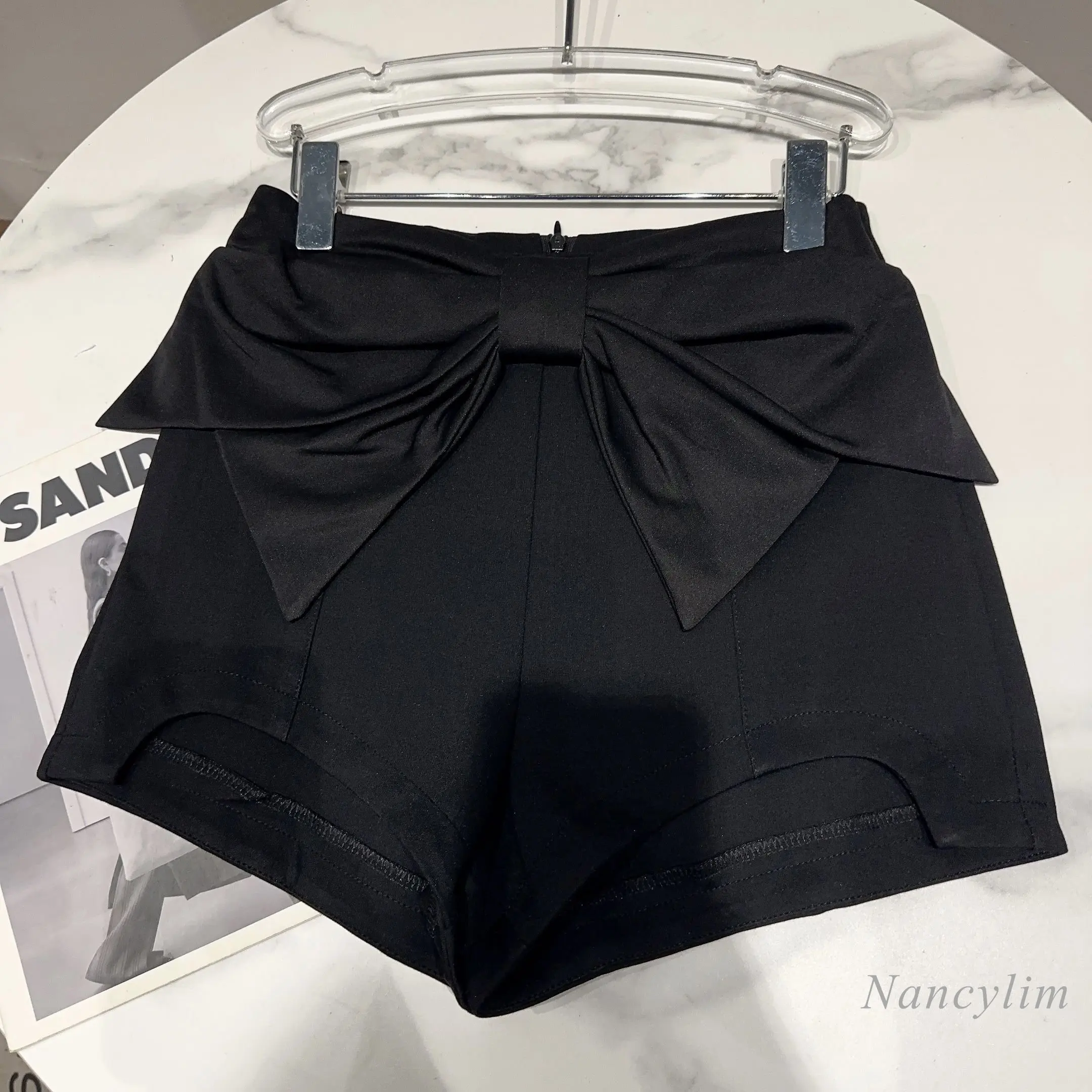 2023 Summer New Bow Waist Shorts for Women Fashion Front Three-Dimensional Big Bow Elegant Black Shorts All-Matching