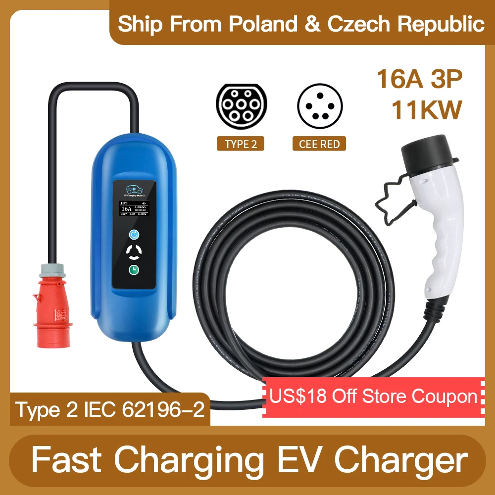 EV Charger Type 2 11kw 16A 3 Phase Car Charger Fast Charging Adjustable Portable Evse Home Wallbox Electric Vehicle Charging