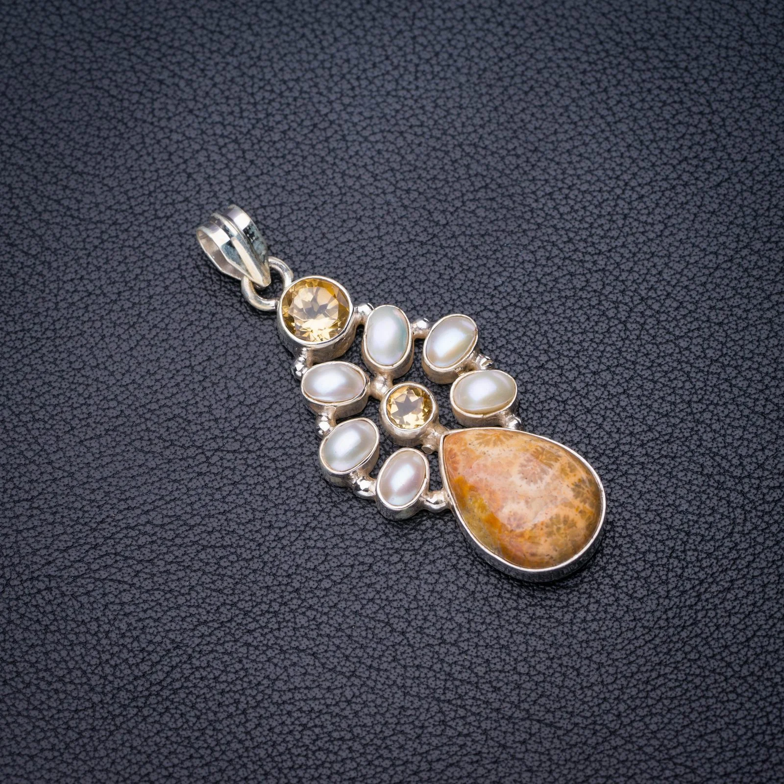 

StarGems Natural Chrysanthemum Jasper Citrine And River Pearl Handmade 925 Sterling Silver Pendant 2" E4729