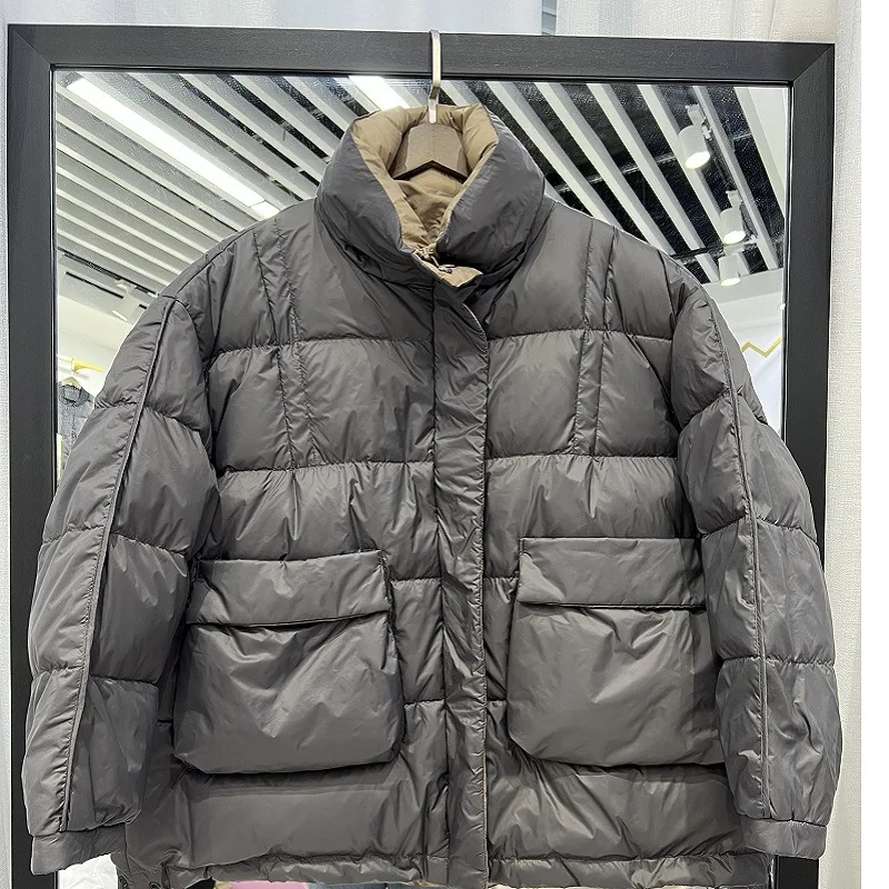 2022 New Winter Down Jacket Women's Large Pocket Loose Fashion Contrast Color Bread Coat Warm White Down Jacket for Women