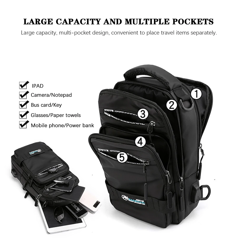 Nylon Chest Bag for Men Multifunction Crossbody Bag Trend Waterproof Anti-theft Charging USB Knapsack Male Sport Casual Backpack