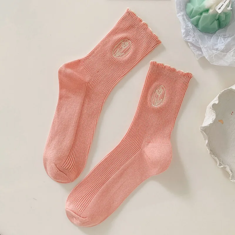 10 Pairs Tulip Flower Embroidery Women Socks New Fashion Frilly Solid Color Cute Kawaii Socks For Girls Harajuku 2023 New