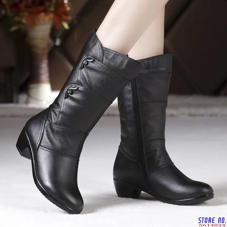 

Women's Mother Female Ladies Leather Shoes Boots Botas Knee High Zipper Winter Warm Plush Mid Calf Plus Size Mid-calf Snow Boot7