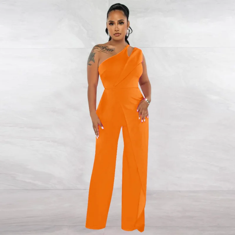 

WUHE One Shoulder Skew Neck Sleeveless Wide Leg Flare Jumpsuit 2023 Fashion Women Summer Chic Romper One Piece Set Playsuit