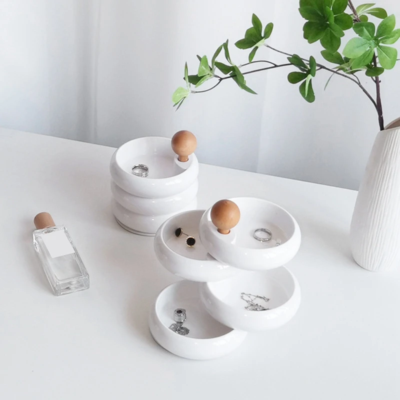 

Swivel Jewelry Storage Box Jewelry Organizers Case White Round Jewelry Storage Box Multi-Layer Jewelry Display Tray