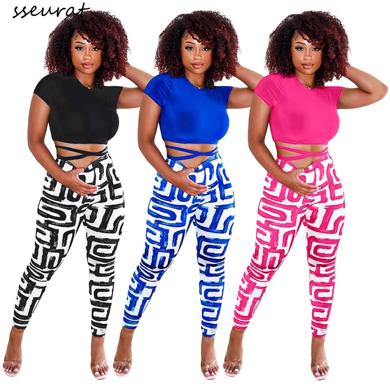 

Sexy Two Piece Set Women Solid Bandage Crop Tops and Print Slim Pants Set Summer Tracksuit Outfits