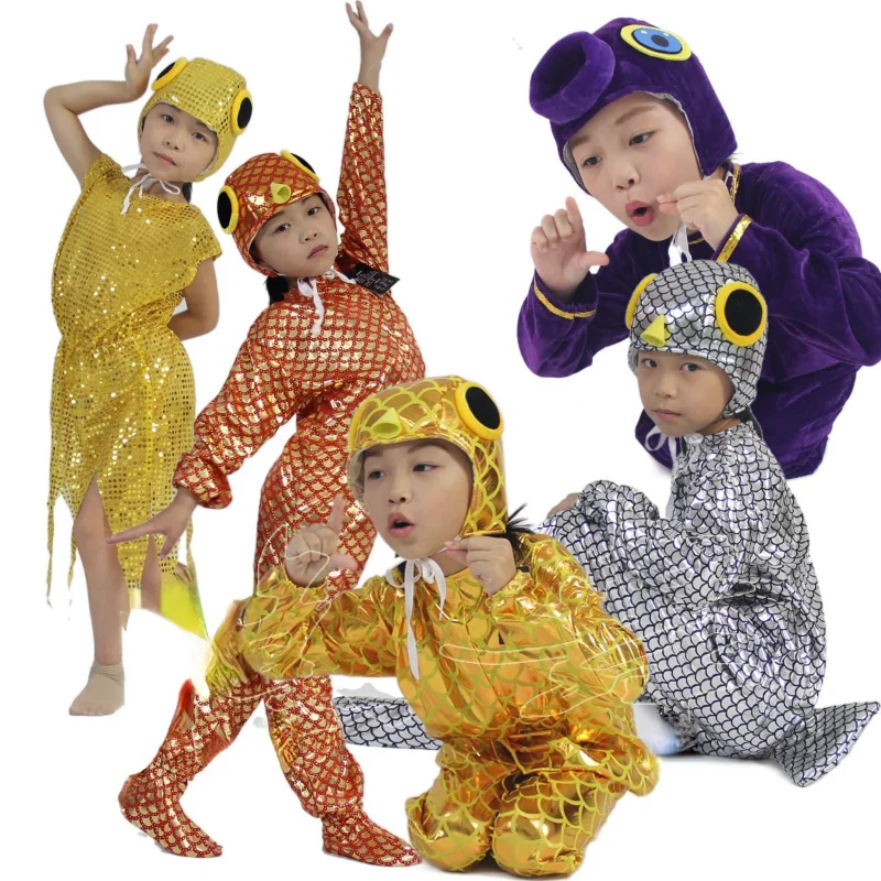 

Cartoon Shiny Goldfish Golden Silver Purple Fish Fancy Dress Show Jumpsuit Costume Children Adult Gift Cosplay Halloween