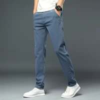2021 autumn new classic style mens stretch slim casual pants letter embroidery fashion trousers male black lake blue light