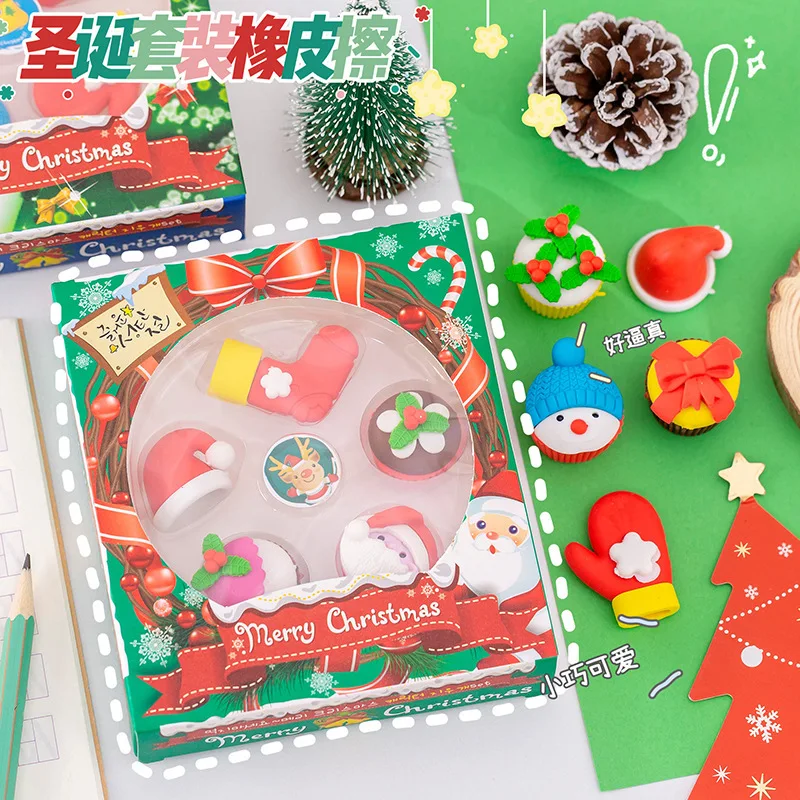 

School Supply Kawaii Cute Stationery School Accessories Christmas Eraser Set Cartoon Eraser Pencil Christmas Gift