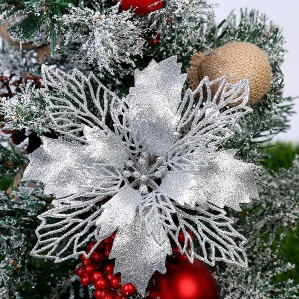 

10X Christmas 16cm Poinsettia Glitter Flower Tree Hanging Party Xmas Decor Navidad Decoraciones Para El Hogar Home Decor