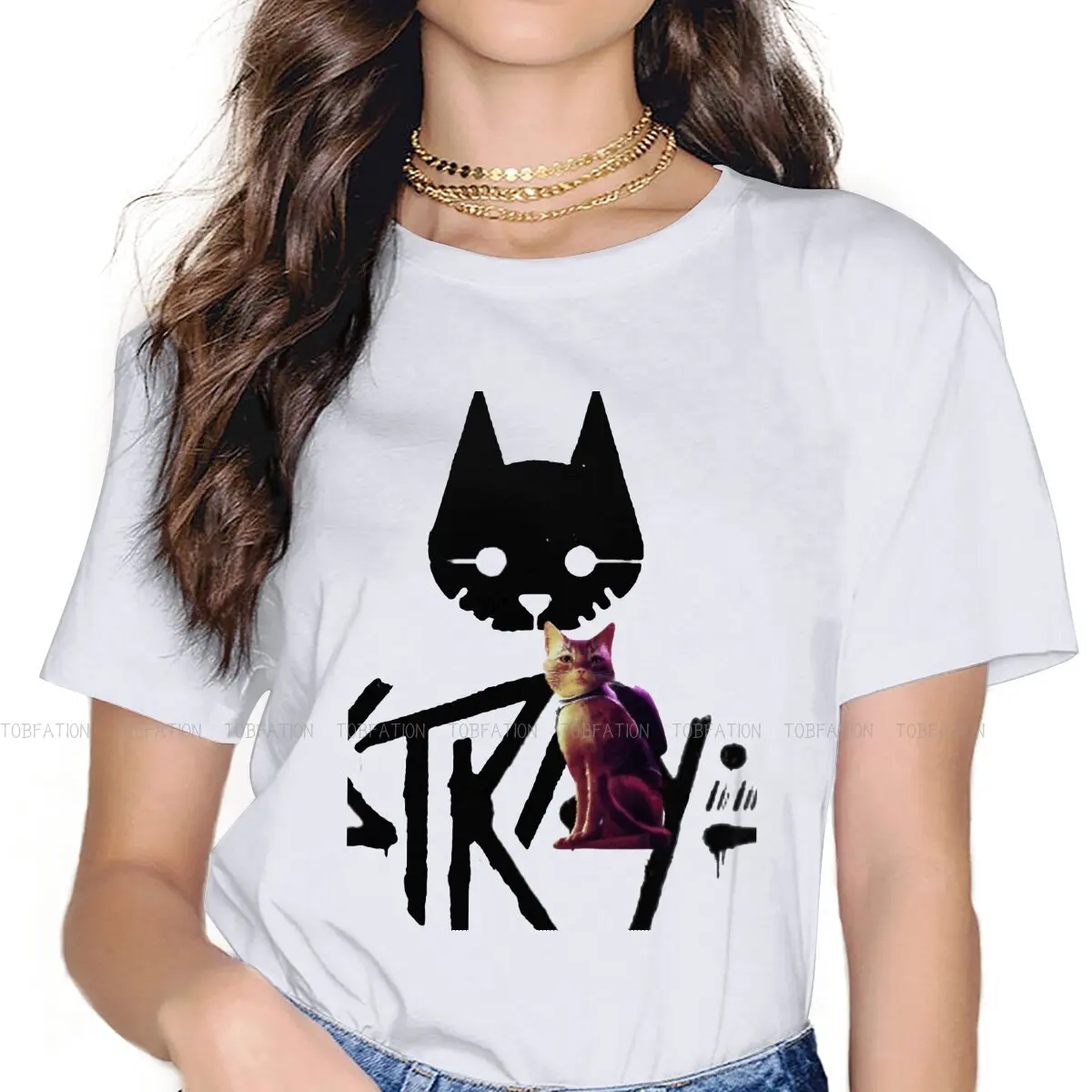 

Cat Graphic Feminine Shirts Stray Game Oversized T-shirt Goth Vintage Female Top