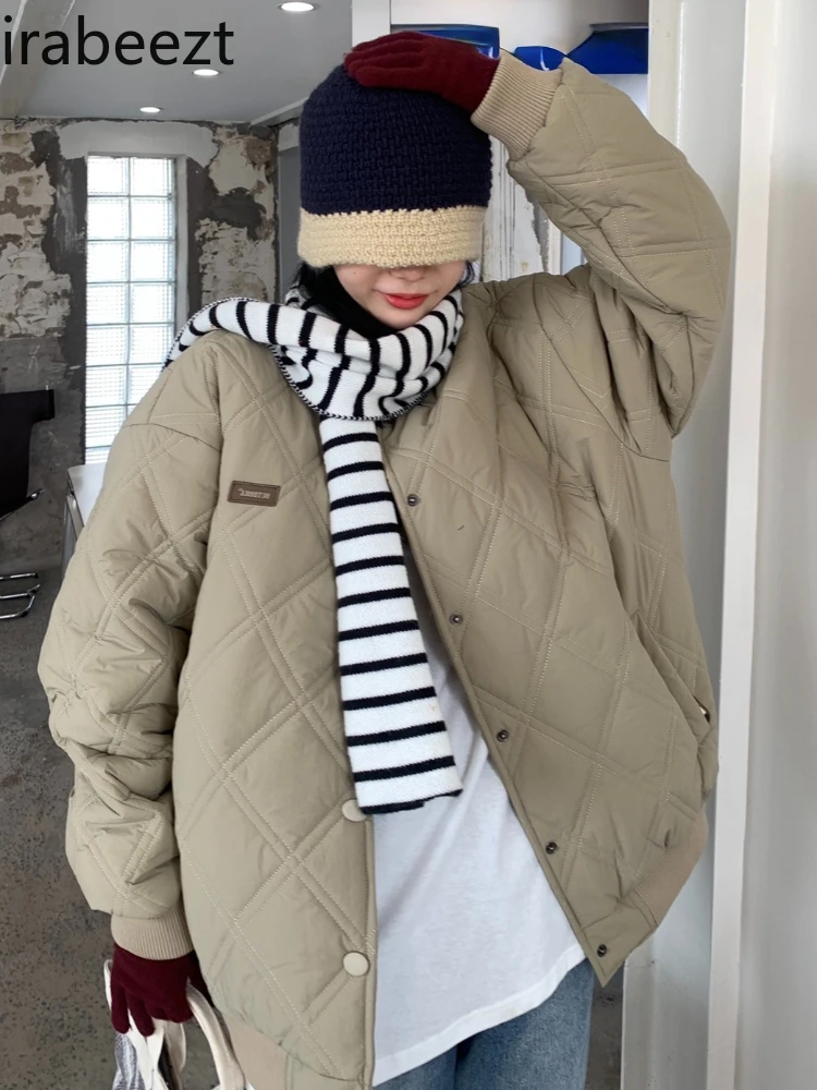 

Irabeezt 2022 женская зимняя куртка свободные парки модные стеганые пальто бейсбольные утепленные куртки хаки Пальто уличная одежда теплый топ