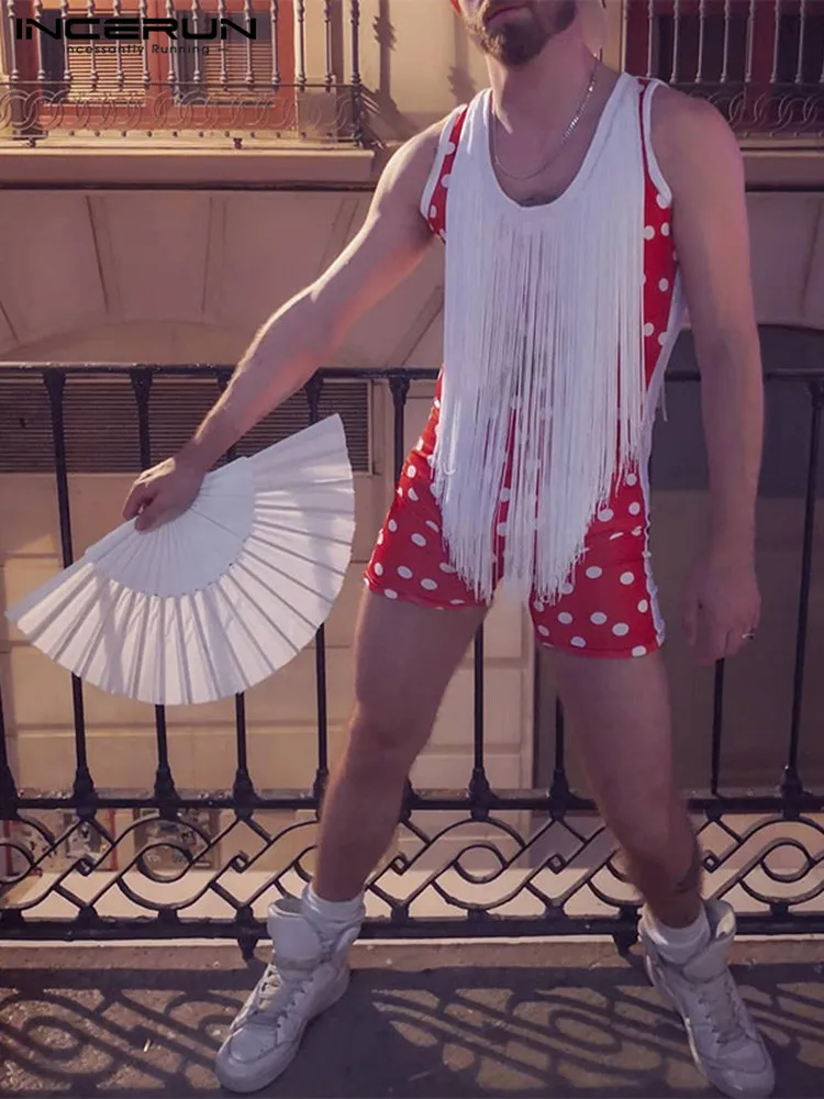 

Удобная домашняя одежда, новинка, мужской сексуальный комбинезон в горошек, Модный повседневный мужской комбинезон с бахромой без рукавов, ...