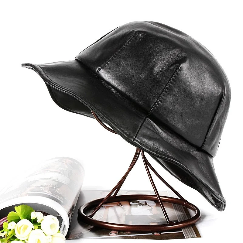 

Winter Genuine Leather Hat For Women Korean British Bud Shape Big Brim Basin Caps Japanese Female White Fisherman Top Fedoras