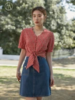 dushu slightly fat lady v neck regular half sleeve short blouses bow tie single breasted top office lady summer plaid shirts