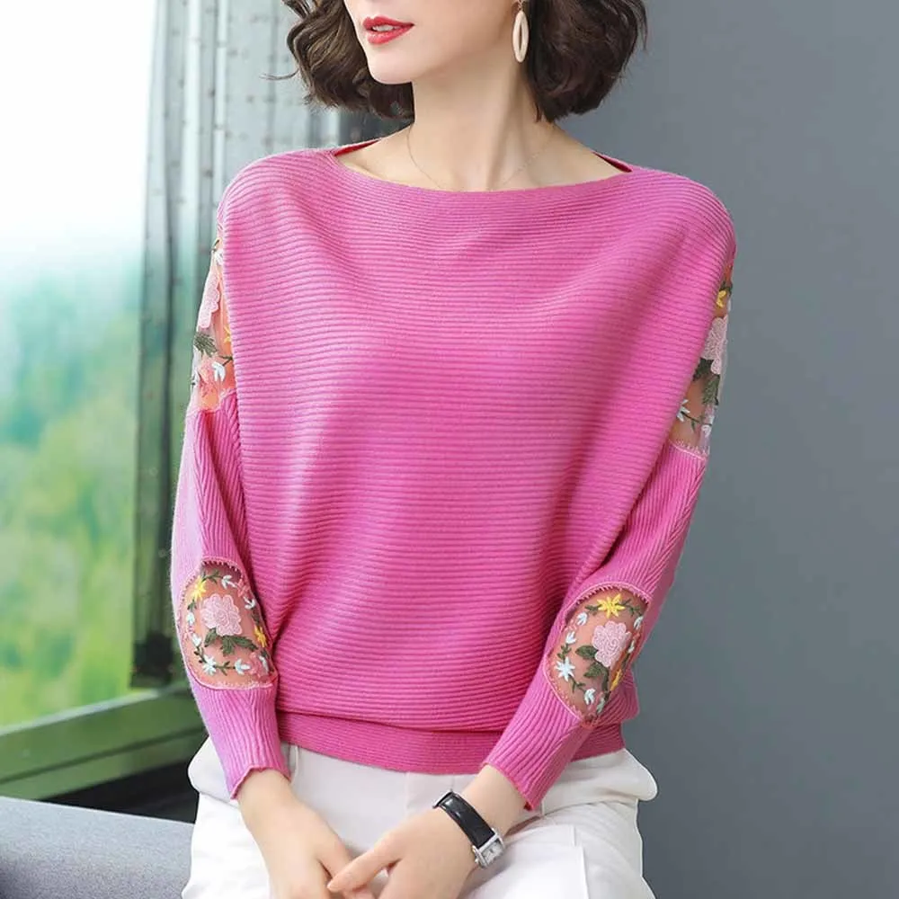 

Flower Embroidery Batwing Sleeve O-Neck Spring Sweaters Women Casual Loose Knitted Pullovers Large Size Knitwear Tops Female