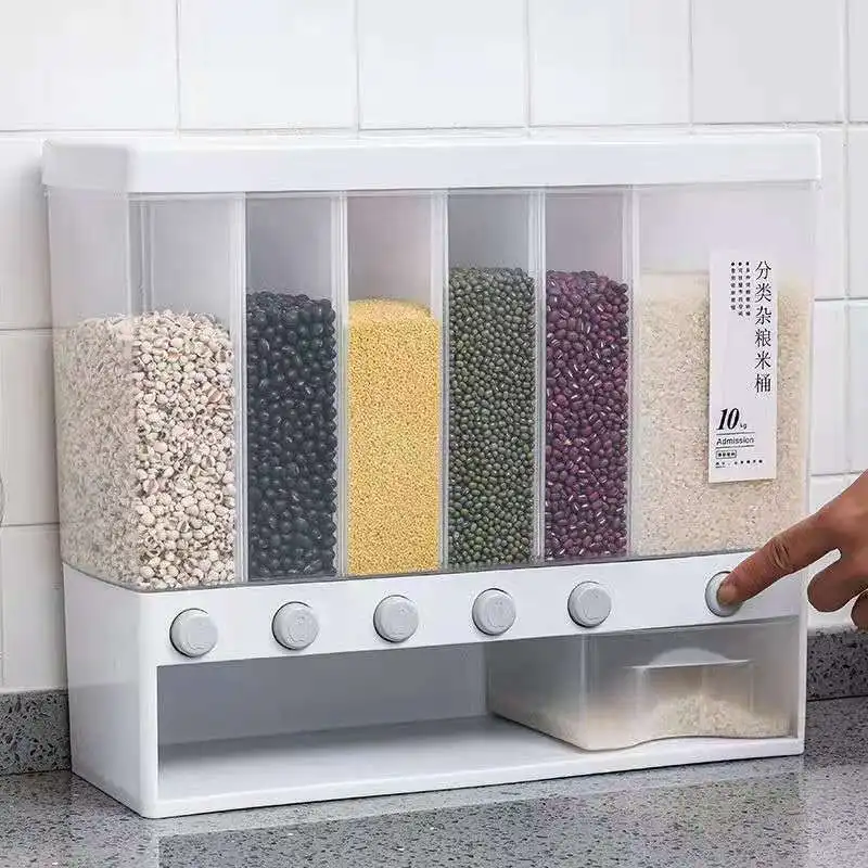 Kitchen Storage Sealed Cereal Dispenser Moisture Proof Automatic Rice Dispenser Rack Wall Mounted Dry Food Rice Splitter Bucket