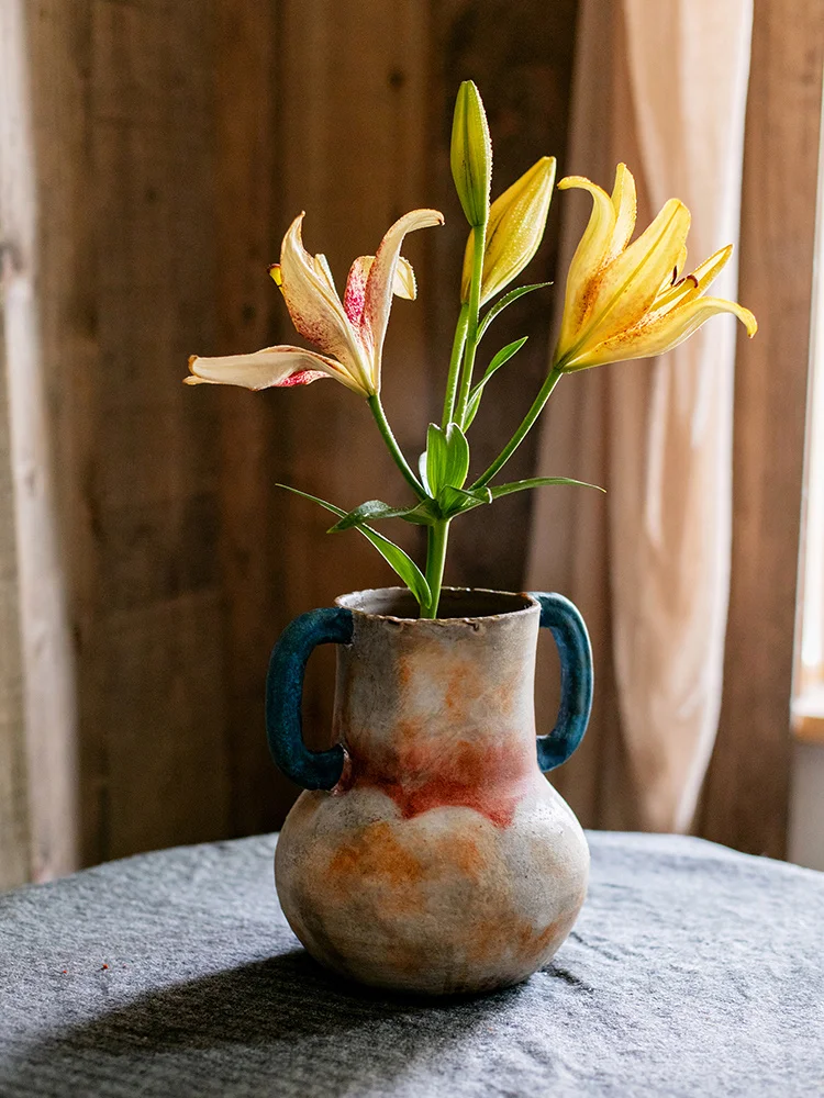 

Handmade Binaural Stoneware Vase Vintage Flower Arrangement Antique Living Room Dining Table Ceramic Art Decoration Ornaments