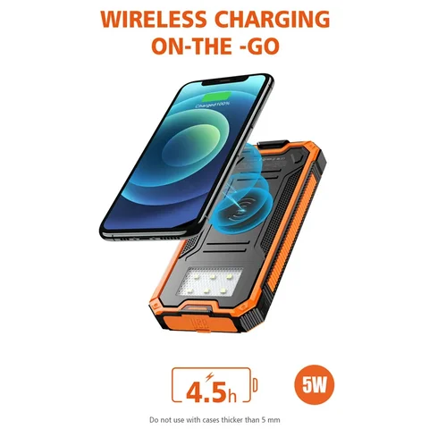 Солнечная батарея 20000 мАч Водонепроницаемое беспроводное зарядное устройство Qi Powerbank для iPhone 16 Samsung S25 Xiaomi Poverbank с походным светильником