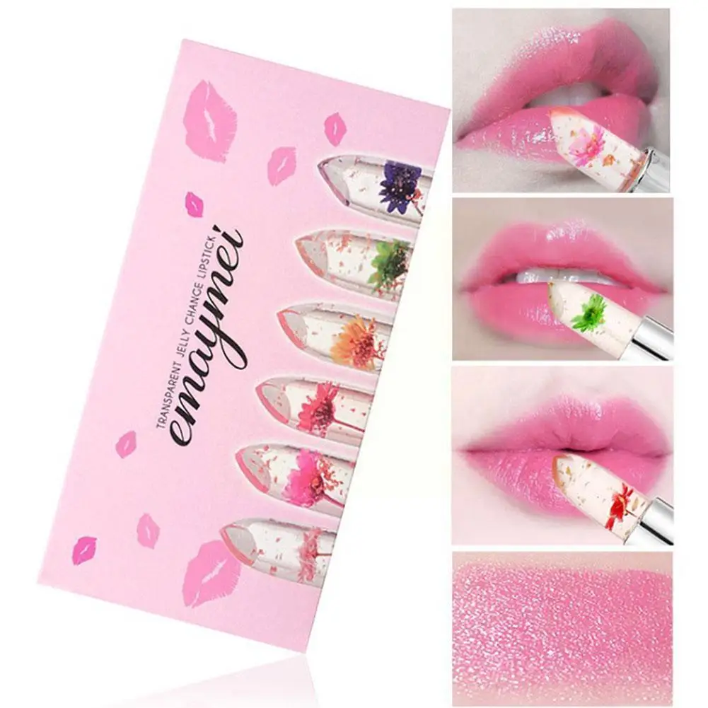 

Moisturizer Long-lasting Jelly Flower Lipstick Makeup Blam Changed Temperature Colorful Pink /set Transparent 6pcs Lip D7F6