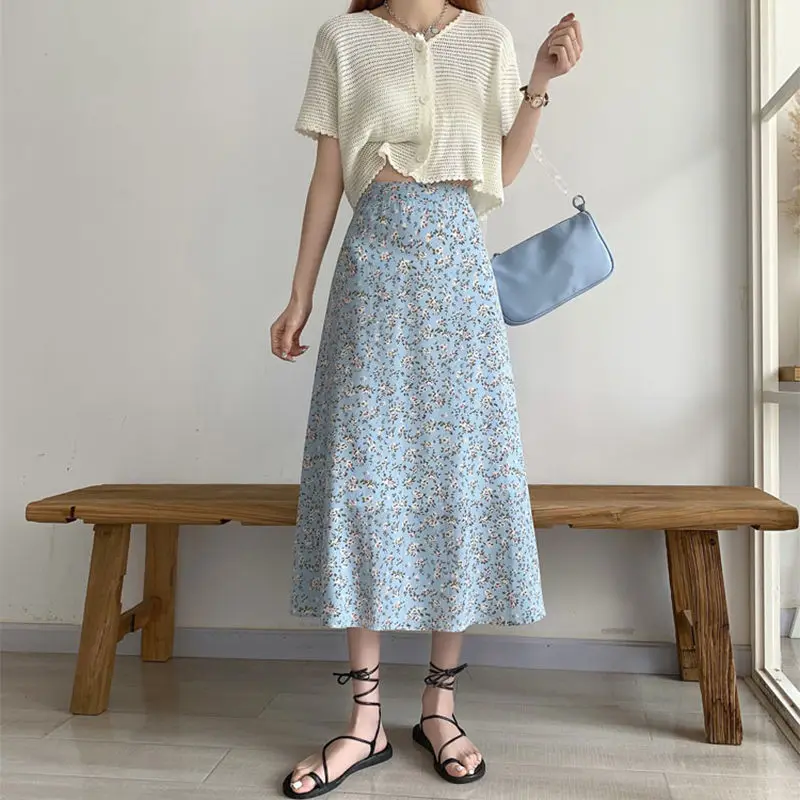 Юбка женская трапециевидная с завышенной талией модная облегающая цветочным