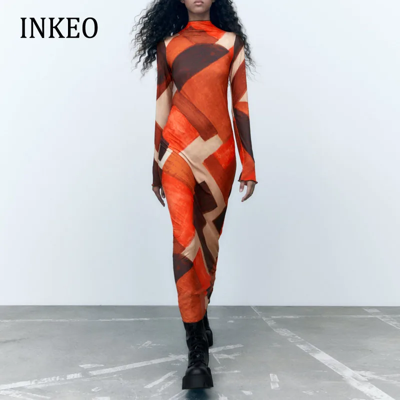 

Printed Long dress Women korean frock 2022 New Long sleeve Turtleneck dresses Slim Female clothing Elegant Autumn INKEO 2D139