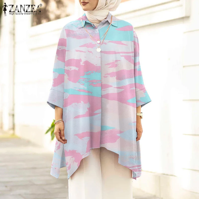 

ZANZEA Women Bohemian Tie-dyed Shirt Spring Long Sleeve Muslim Abaya Blouse Vintage Loose Tunic Tops Casual Islamic Clothing