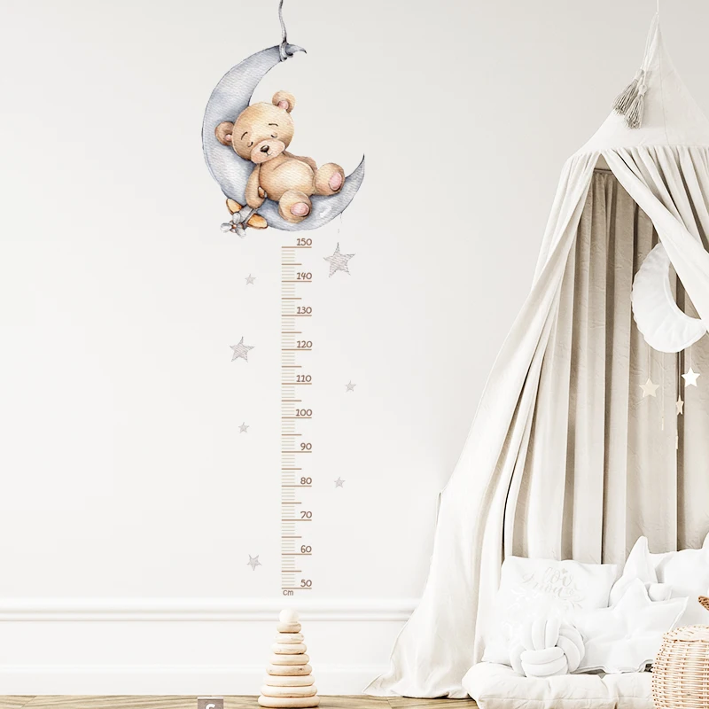 Sleeping Teddy Bear Moon Height Measure Wall Stickers Growth Chart Ruller Wall Decals for Kids Room Bedroom Nursery Room Murals