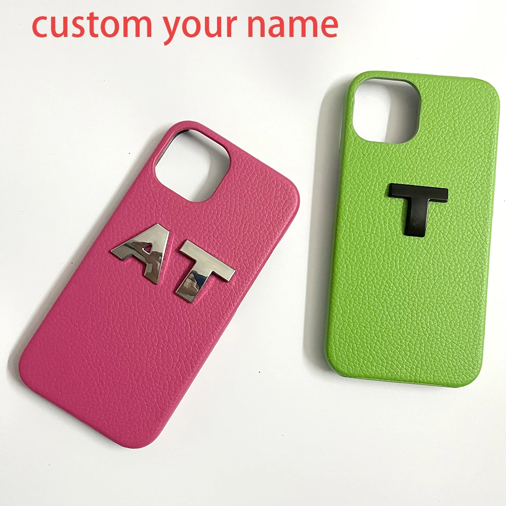 

Custom Silver Initials Name A-Z Leather Phone Case For iPhone11 12 13Pro Max XR XS 7 8P Pebble Leather Metal Letter Funda