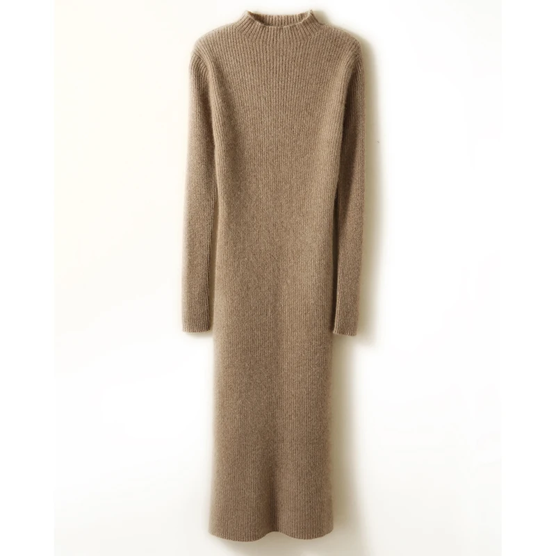 100% Pure Wool Knitted Dress Women Winter Half High Collar Basic Slim Ribbed Long Sleeve Bodycon Sexy Solid | Женская одежда