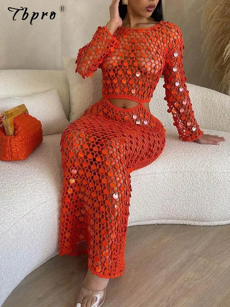 

Sexy Hollow Out Sequin Fishnet Maxi Dress For Women Fashion Solid Long Sleeve O Neck Dresses Summer Vacation Beach Sea Vestidos
