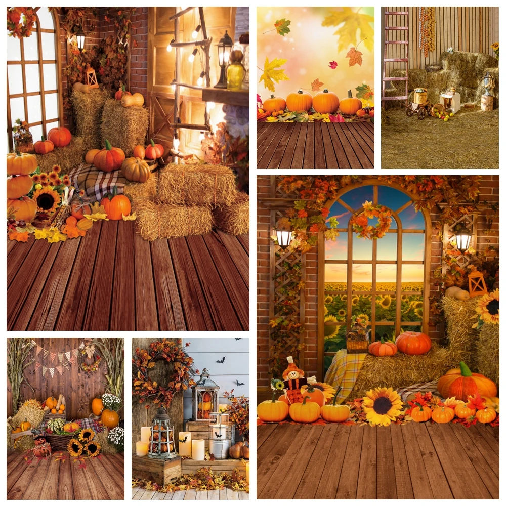 

Autumn Farm Barn Haystack Wooden Floor Backdrop for Photography Fall Thanksgiving Pumpkin Harvest Baby Portrait Photo Background
