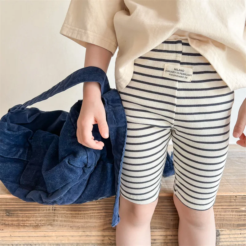 

Korean style summer baby girls elastic striped leggings knee length pants kids cotton skinny middle pants