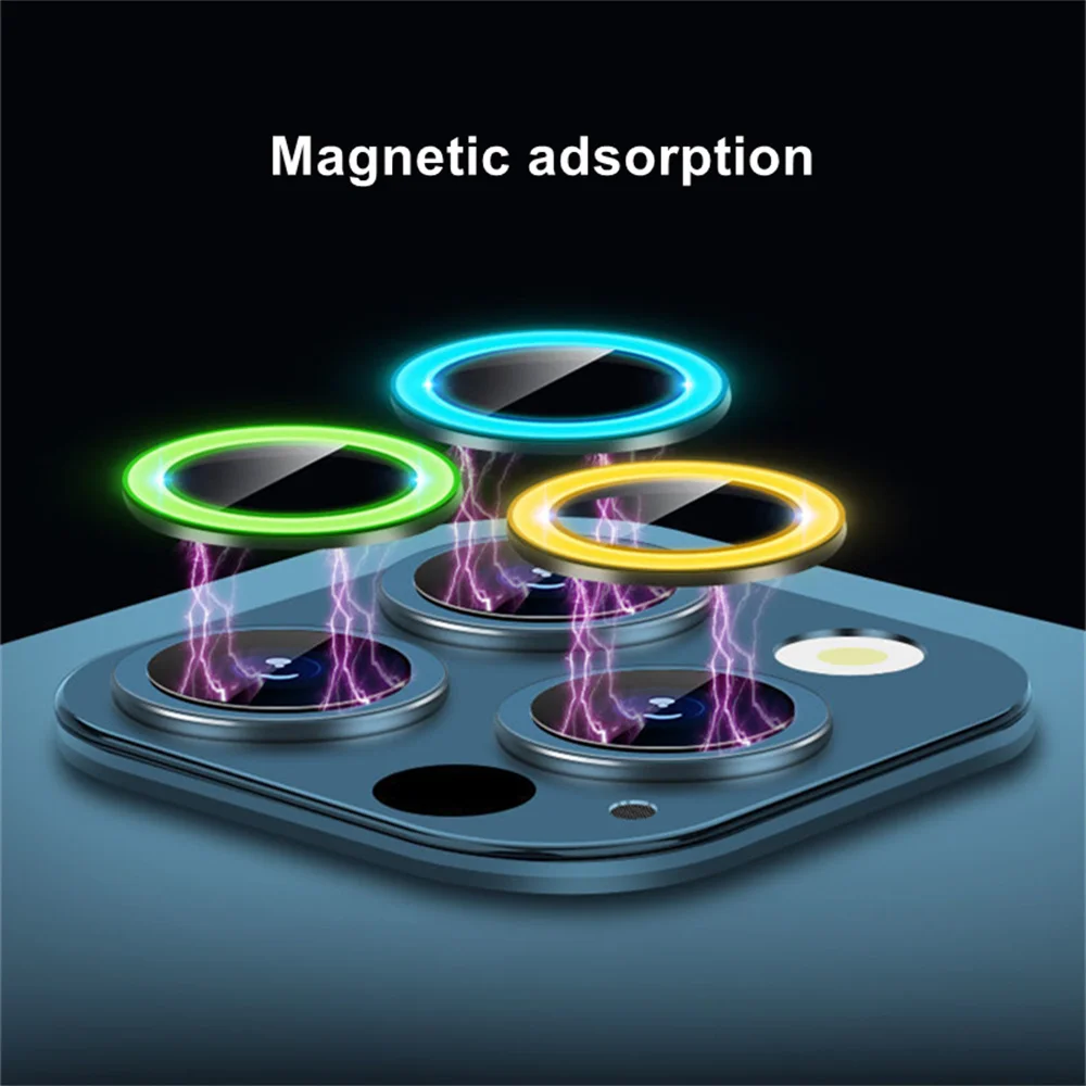50pcs Luminous Lens Glass Protector For iPhone 14 12 13 Pro Max 12Mini Glowing Camera Glass Metal Ring For iPhone 11 14 Pro Max