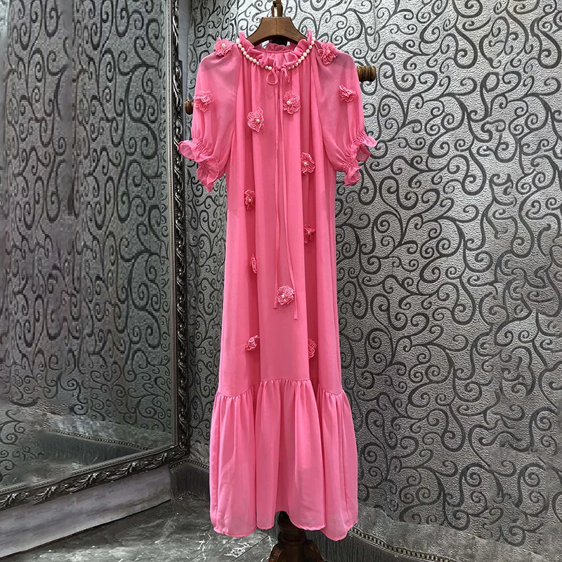 

High Quality Chiffon Long Dress 2023 Summer Ladies Appliques Flower Embroidery Beading Deco Short Sleeve Long Red Pink Dress XL