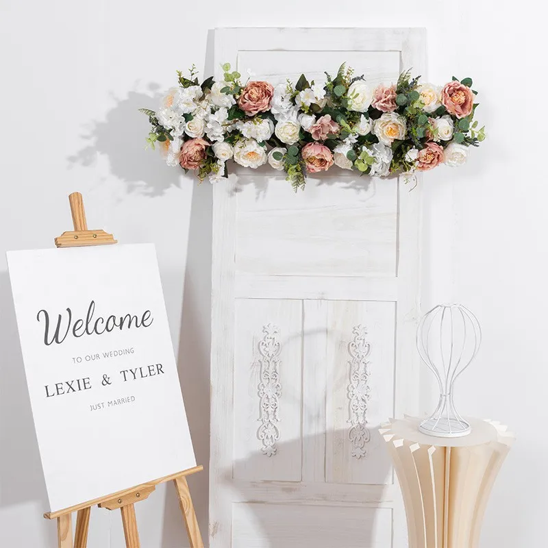 

100cm White Rose Hydrangea Flower Arch Artificial Flower Row Green Plants Row Runner Wedding Backdrop Floral Wall Party Props