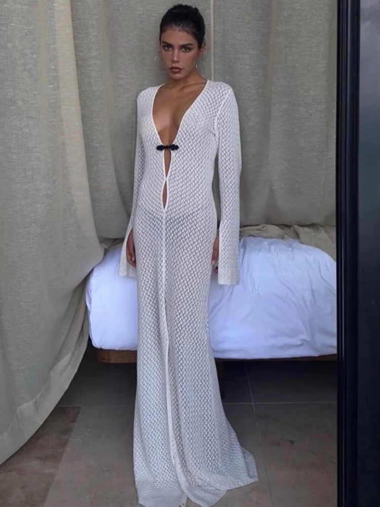 

Sibybo Summer See Through Beach Dress For Women Rib Knitted Long Sleeve Sexy Maxi Dresses Elegant Female Holiday Party Outfits