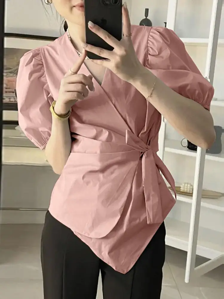 

VONDA 2022 Stylish Lady Loose Blusa Tops Shirt Femme Casual V-Neck Solid Blouse Women Short Puff Sleeve Office Chemise Oversized