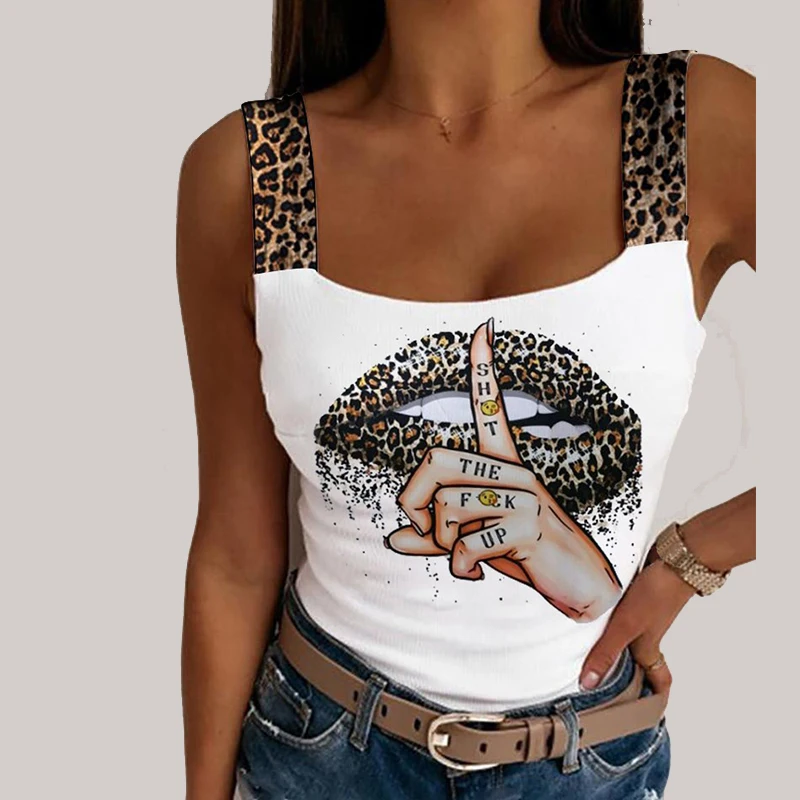 

Women Leopard Tank Tops Summer Sexy Fashion Lips Print Sleeveless Bustier Vest Tees 2023 Female Party Club Streetwear Crop Tops