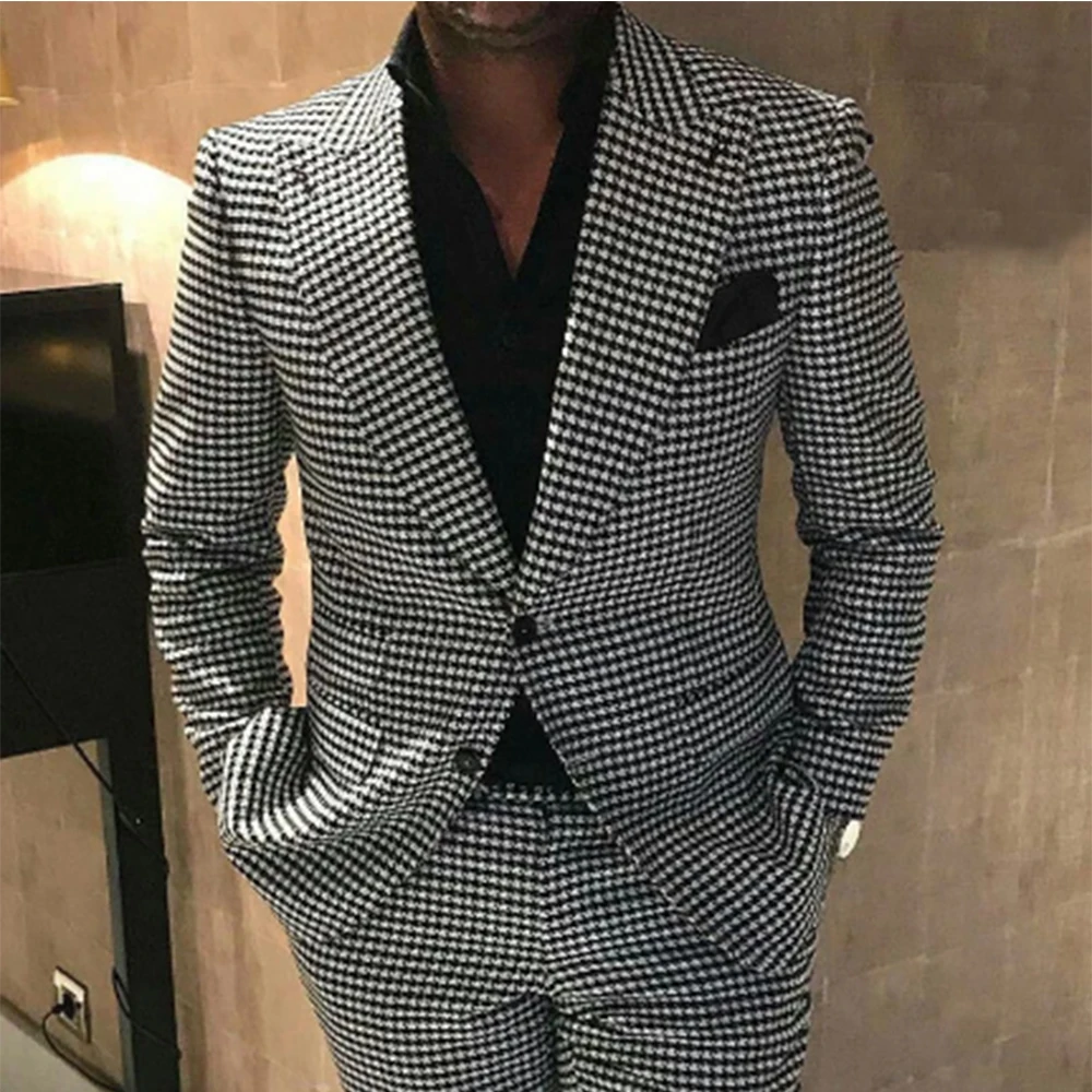 Plaid Men Suits For Wedding 2 Pieces Houndstooth Checkered Groom Tuxedos Male Fashion Clothes Costume Homme Jacket With Pants