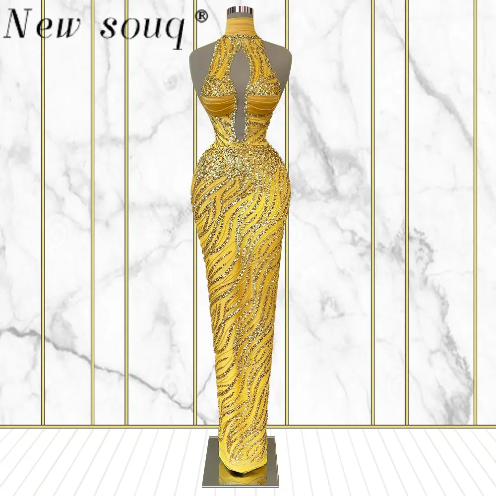 

Gold Glitter High Neck Evening Dress Sparkly Birthday Party Dresses Sequined Formal Gowns Sexy Mermaid Robe De Bal