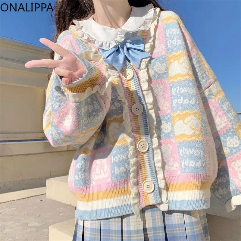 Onalippa милый контрастный мультяшный жаккардовый женский кардиган маленький