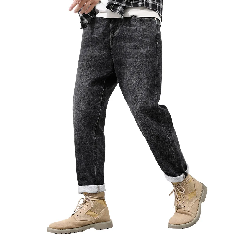 Small straight black men's jeans fashion trendy youth waist pants autumn and winter commuter stretch casual men's pants.