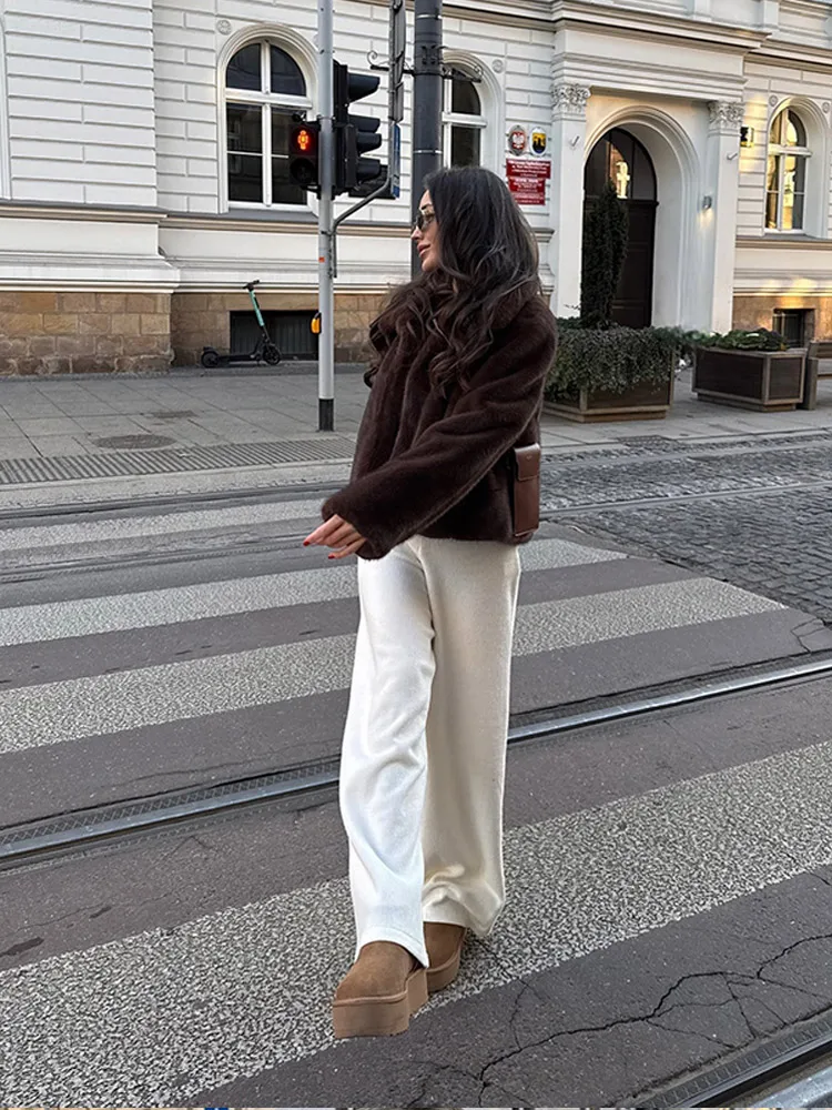 Зимняя элегантная куртка из искусственного меха с отложным воротником женская