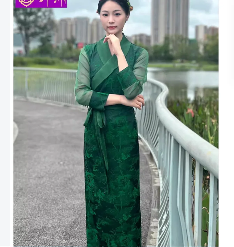 Восточная тибетская одежда Huaxia Женский Тибетский халат из ледяного шелка