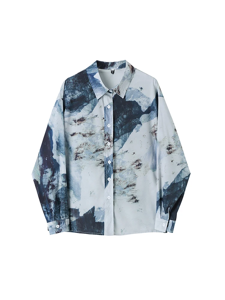 

Рубашка женская оверсайз с длинным рукавом, модная повседневная мешковатая блузка с лацканами, в стиле ретро, с принтом в эстетическом стил...