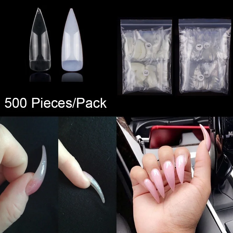 

To 500 pcs Medium Length Stiletto Shape Half Cover False Nails 10 Sizes Acrylic Fake Nail Tips Pointed Nail Art Tips